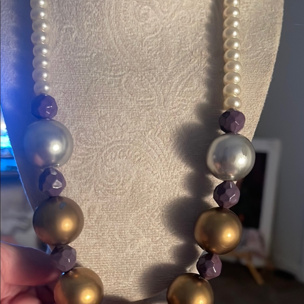 Vintage Gold and Purple Beaded Necklace with Faux Pearls
